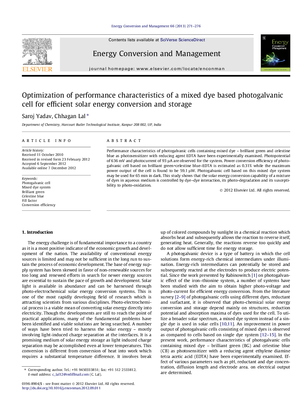 Optimization of performance characteristics of a mixed dye based photogalvanic cell for efficient solar energy conversion and storage