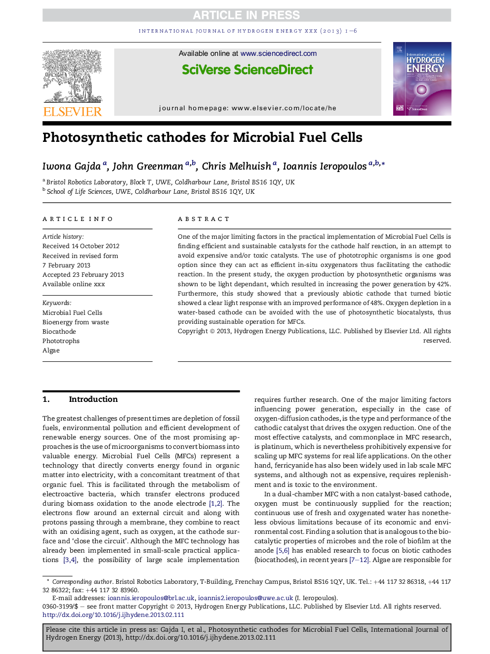 Photosynthetic cathodes for Microbial Fuel Cells