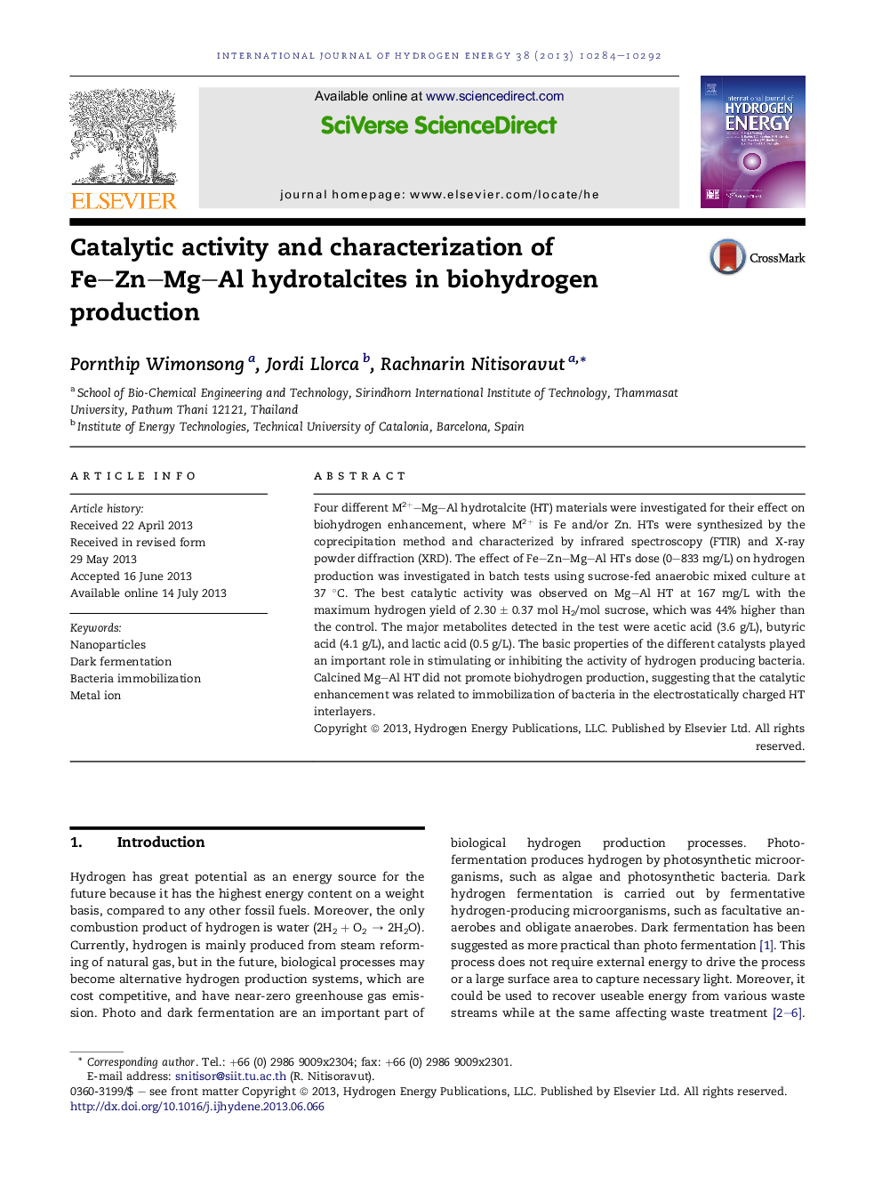 Catalytic activity and characterization of Fe-Zn-Mg-Al hydrotalcites in biohydrogen production