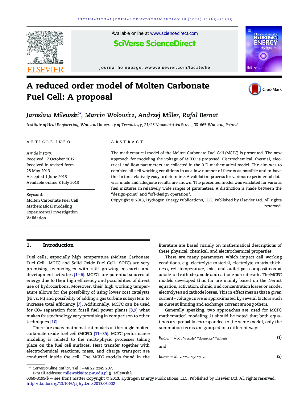 A reduced order model of Molten Carbonate Fuel Cell: A proposal