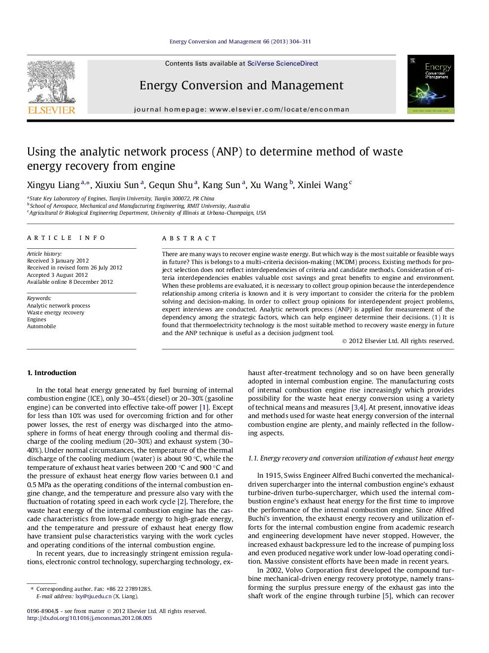 Using the analytic network process (ANP) to determine method of waste energy recovery from engine