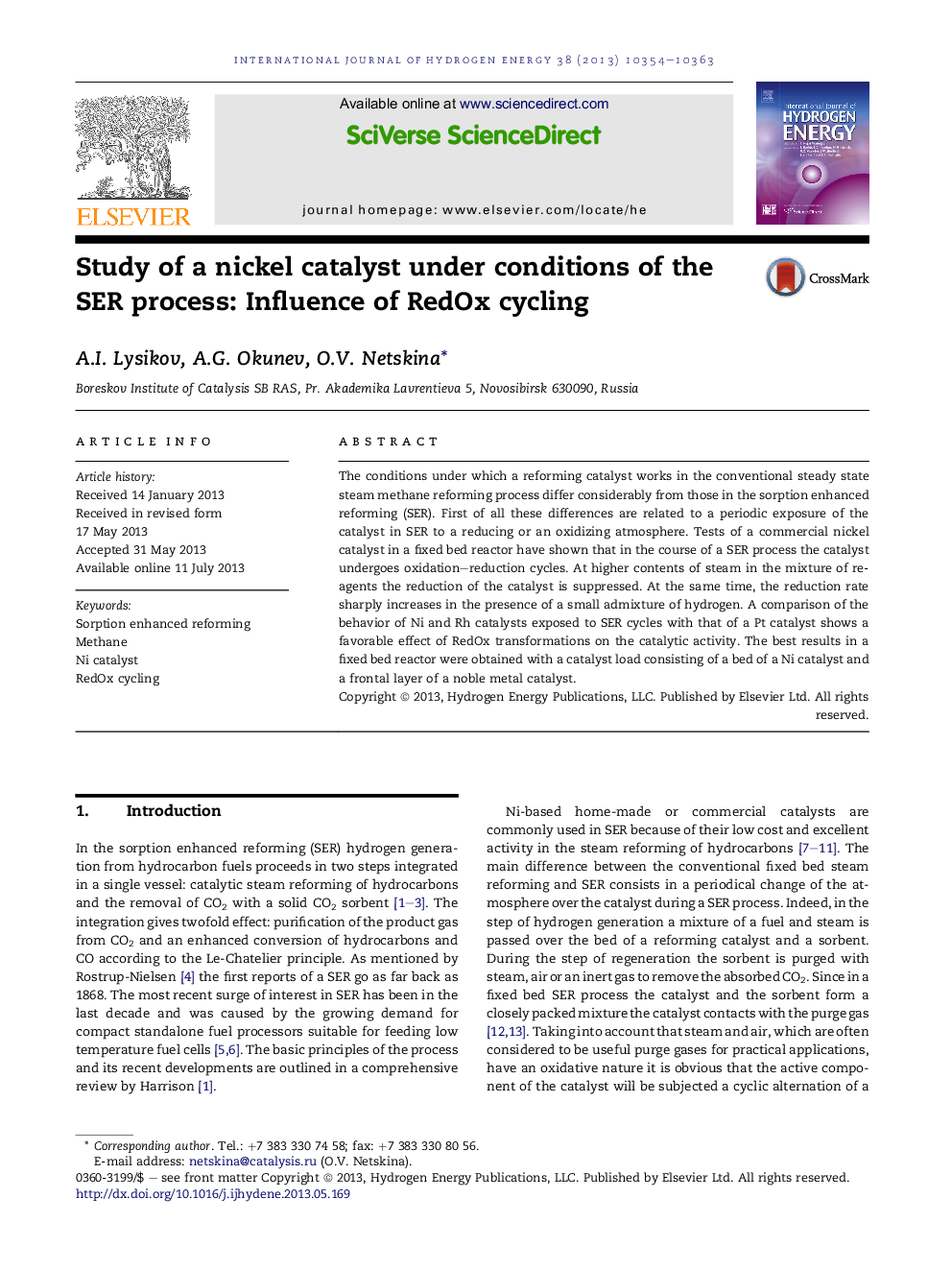 Study of a nickel catalyst under conditions of the SER process: Influence of RedOx cycling