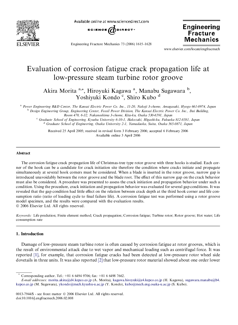 Evaluation of corrosion fatigue crack propagation life at low-pressure steam turbine rotor groove