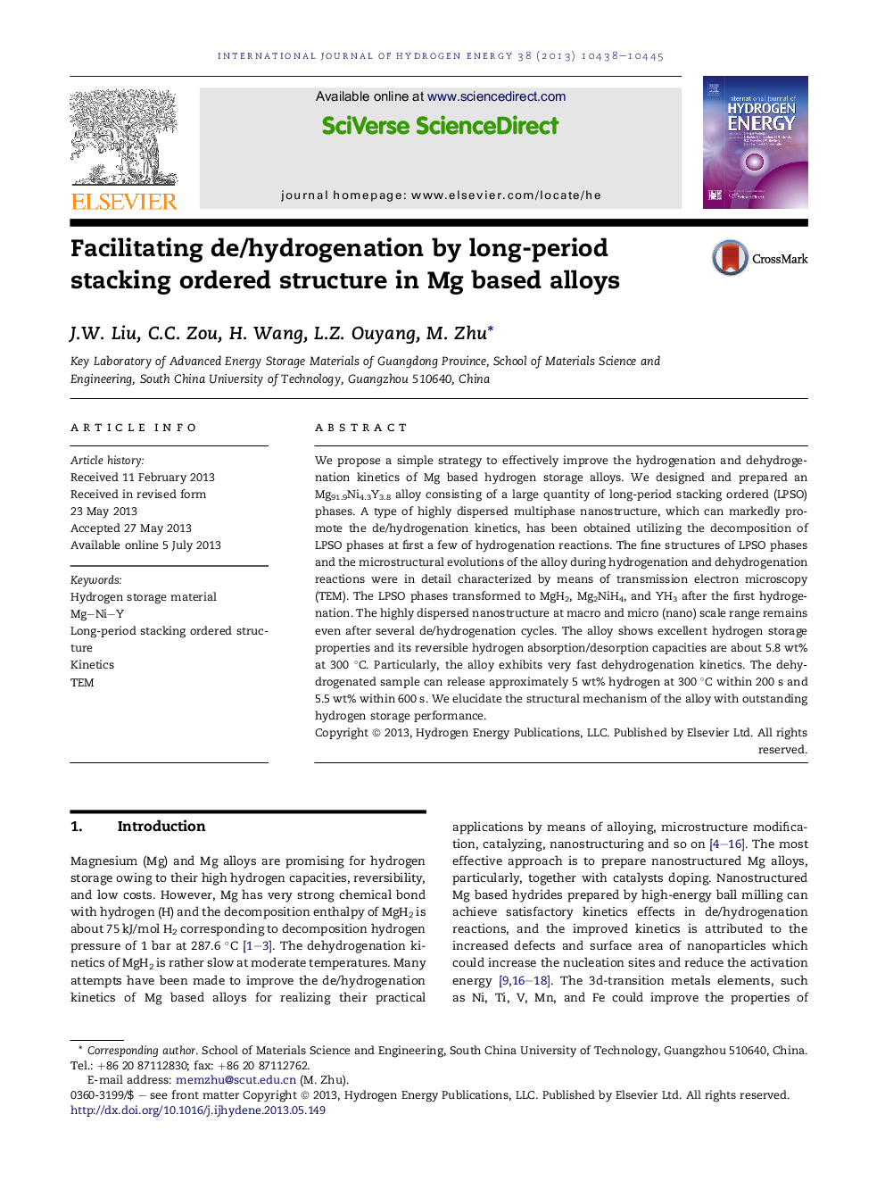 Facilitating de/hydrogenation by long-period stacking ordered structure in Mg based alloys