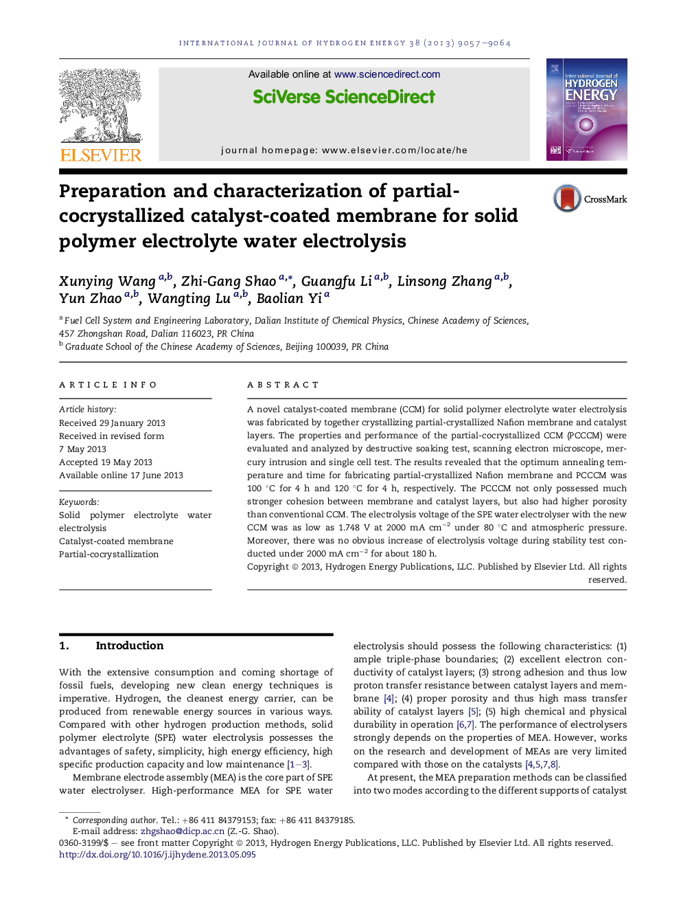 Preparation and characterization of partial-cocrystallized catalyst-coated membrane for solid polymer electrolyte water electrolysis