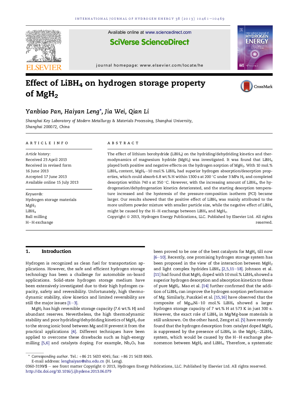 Effect of LiBH4 on hydrogen storage property ofÂ MgH2