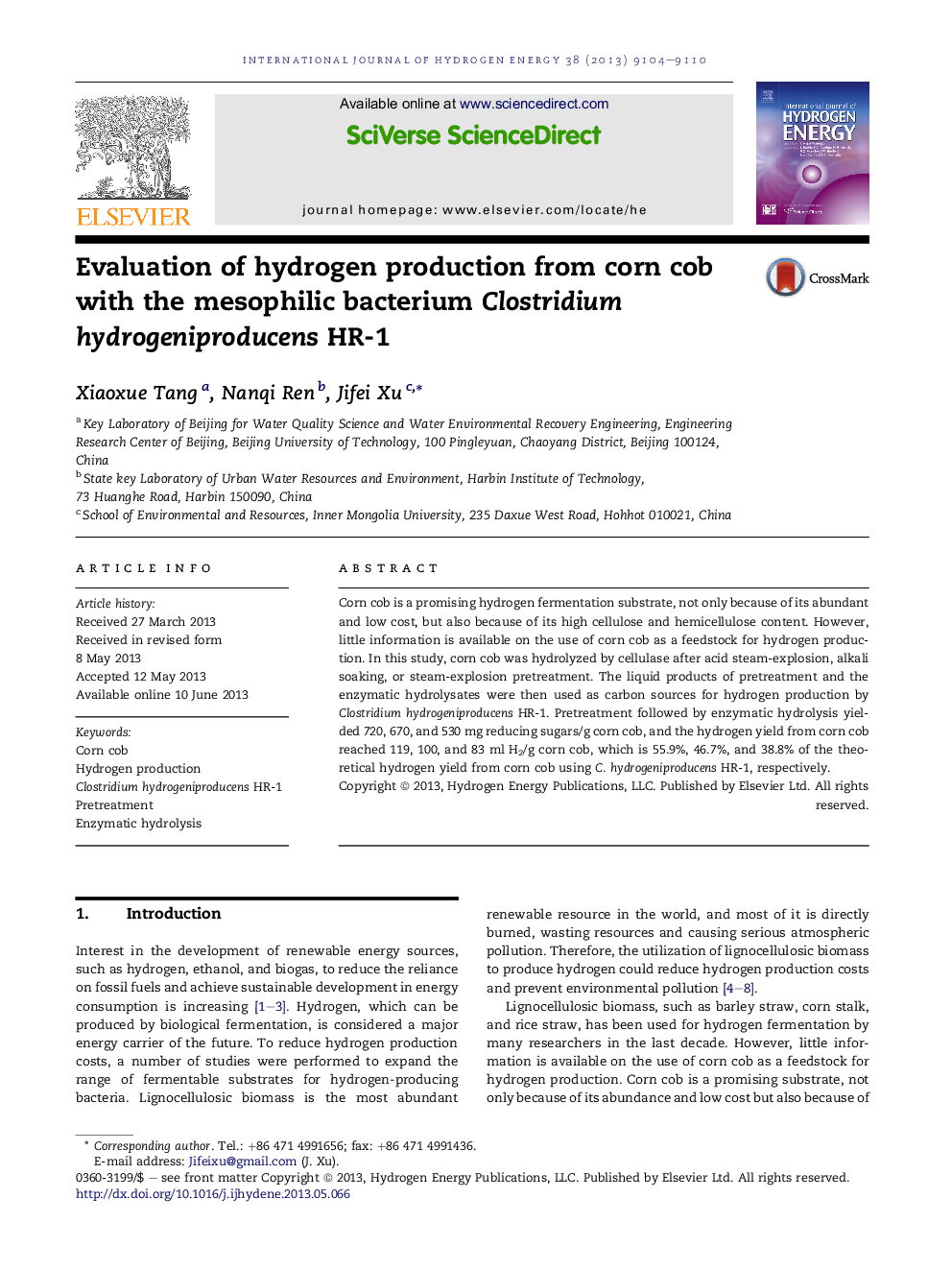 Evaluation of hydrogen production from corn cob with the mesophilic bacterium Clostridium hydrogeniproducens HR-1