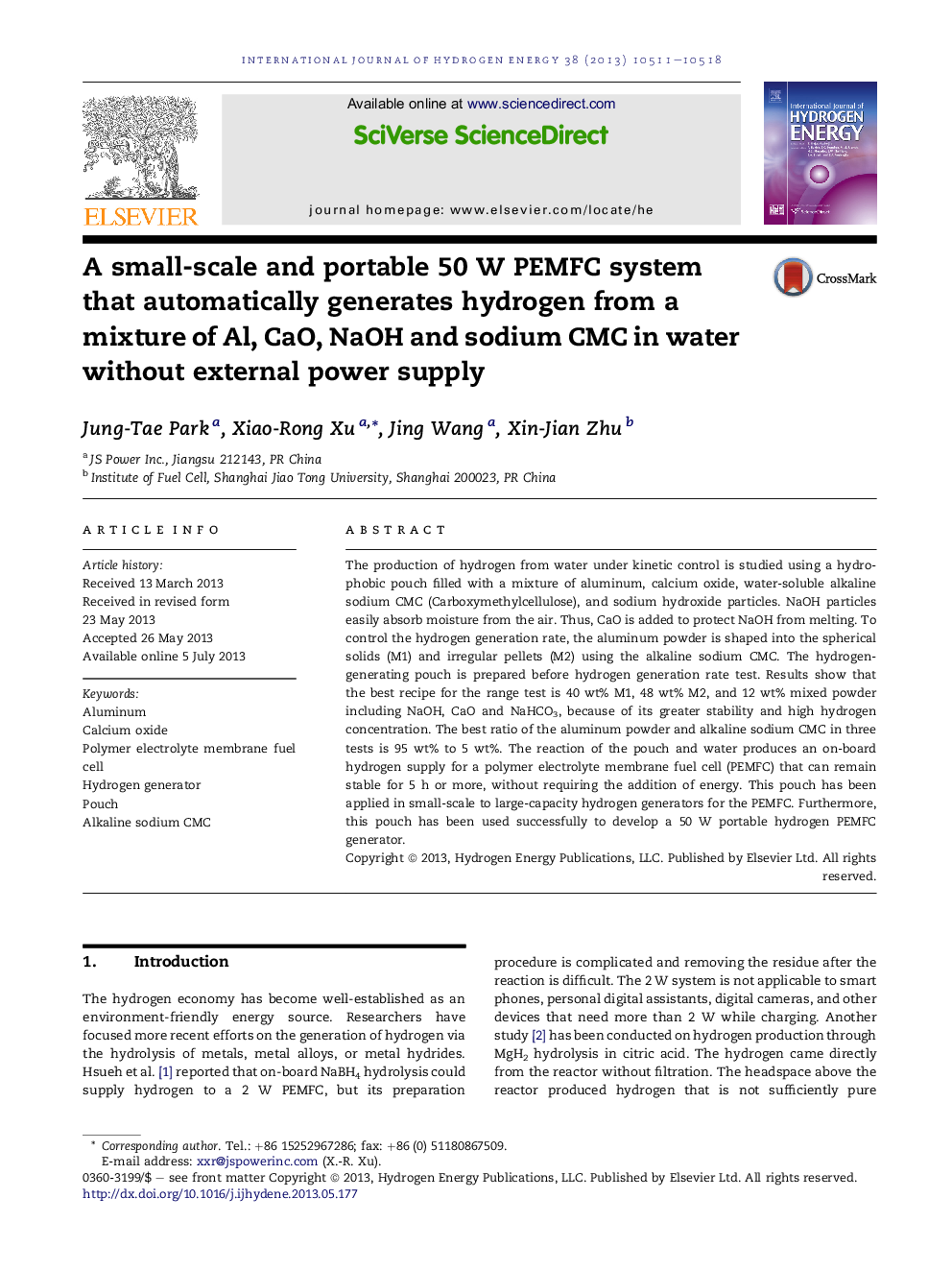 A small-scale and portable 50Â W PEMFC system that automatically generates hydrogen from a mixture of Al, CaO, NaOH and sodium CMC in water without external power supply