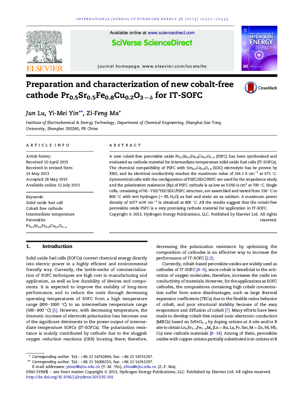 Preparation and characterization of new cobalt-free cathode Pr0.5Sr0.5Fe0.8Cu0.2O3âÎ´ for IT-SOFC