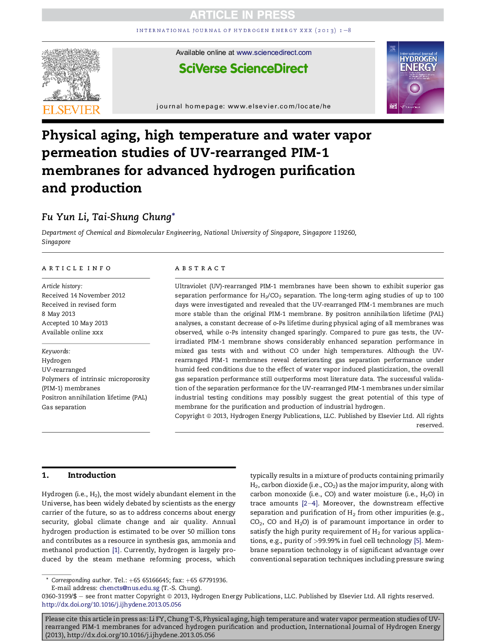 Physical aging, high temperature and water vapor permeation studies of UV-rearranged PIM-1 membranes for advanced hydrogen purification and production