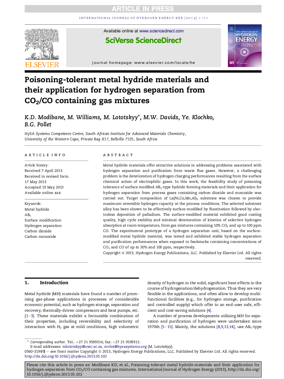 Poisoning-tolerant metal hydride materials and their application for hydrogen separation from CO2/CO containing gas mixtures