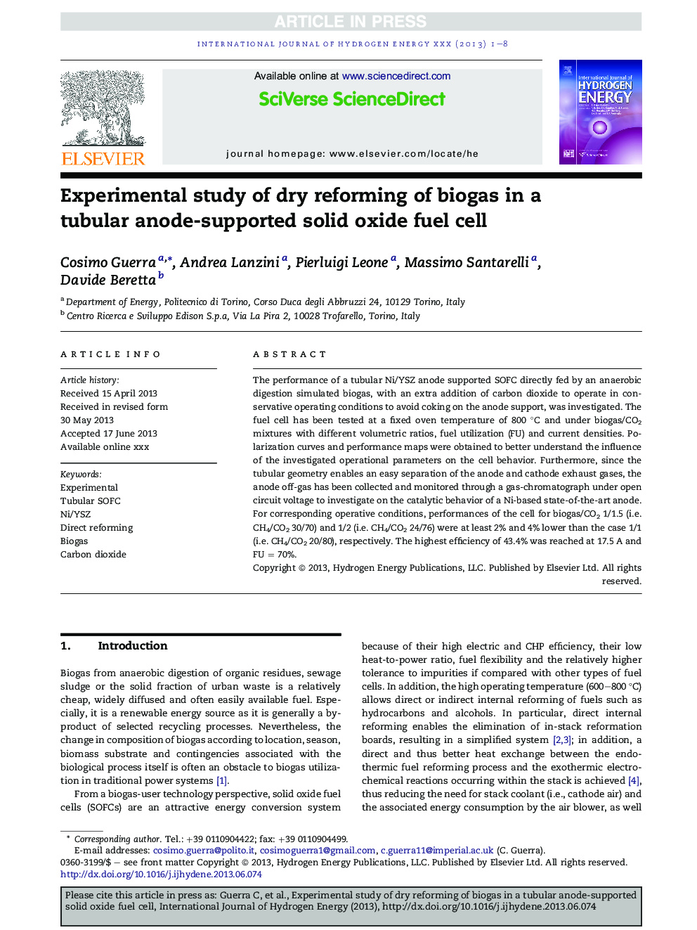 Experimental study of dry reforming of biogas in a tubular anode-supported solid oxide fuel cell