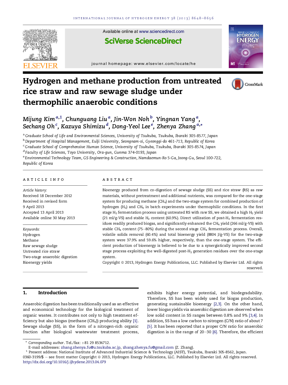 Hydrogen and methane production from untreated rice straw and raw sewage sludge under thermophilic anaerobic conditions