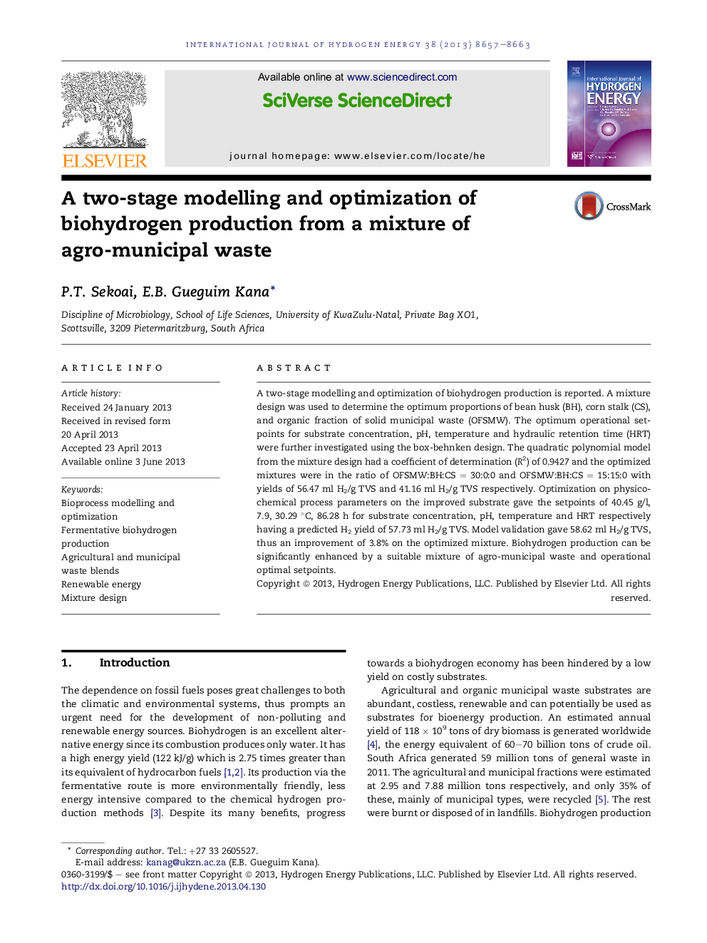 A two-stage modelling and optimization of biohydrogen production from a mixture of agro-municipal waste