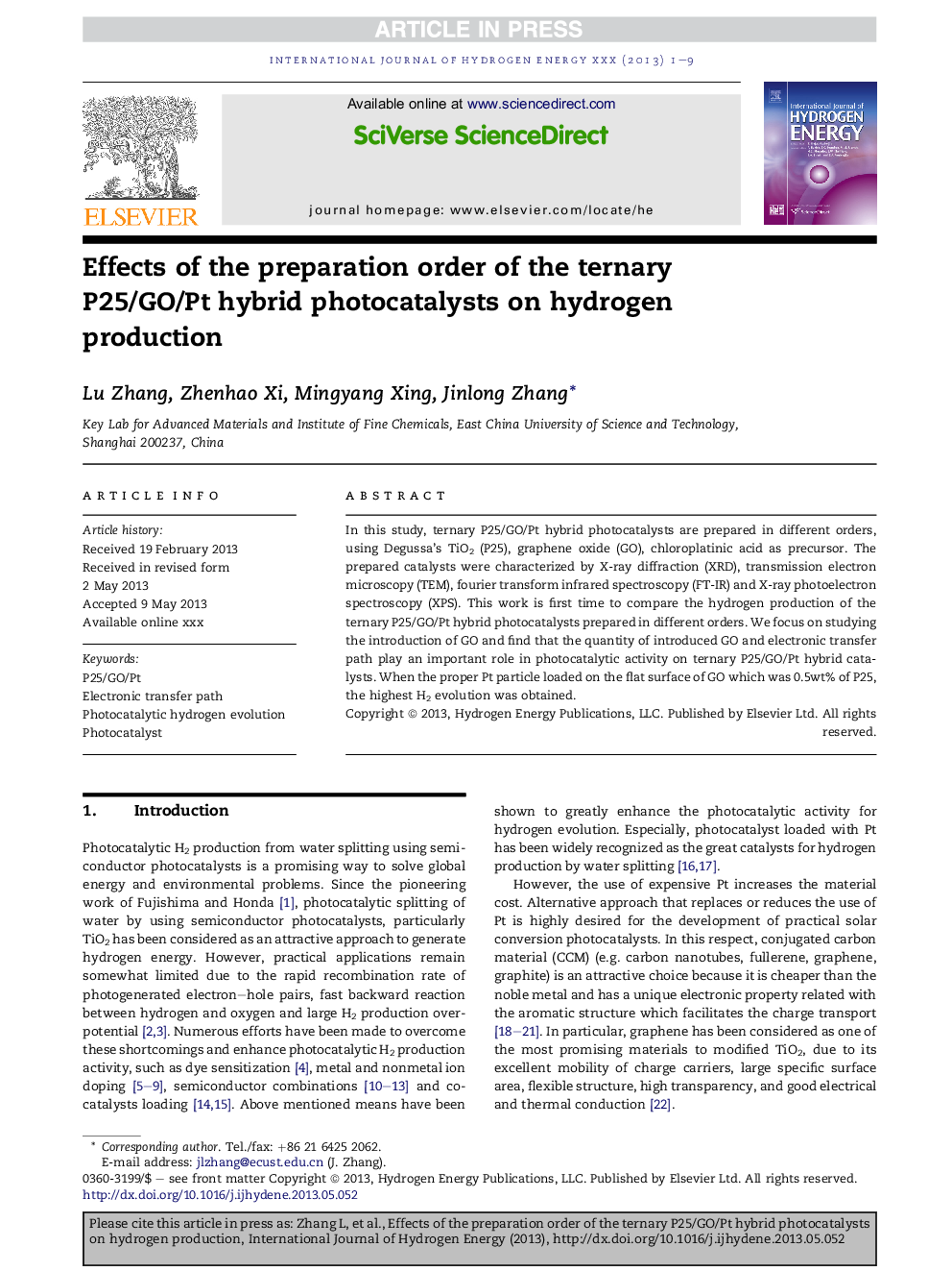 Effects of the preparation order of the ternary P25/GO/Pt hybrid photocatalysts on hydrogen production