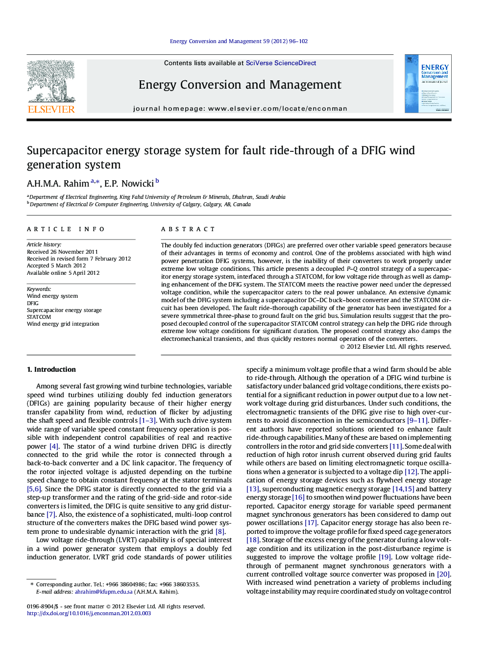 عکس صفحه اول مقاله: Supercapacitor energy storage system for fault ride-through of a DFIG wind generation system Supercapacitor energy storage system for fault ride-through of a DFIG wind generation system