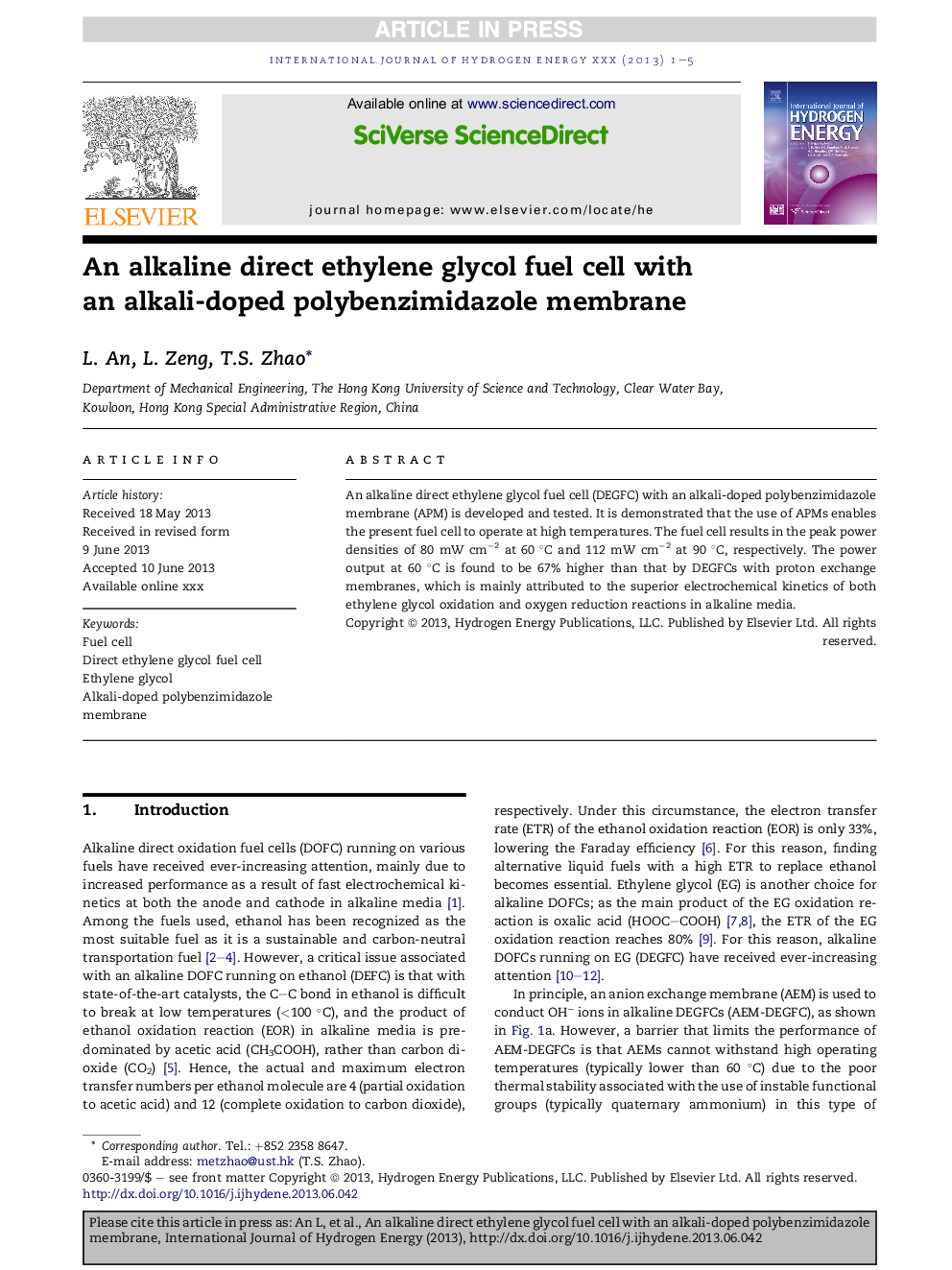 An alkaline direct ethylene glycol fuel cell with an alkali-doped polybenzimidazole membrane