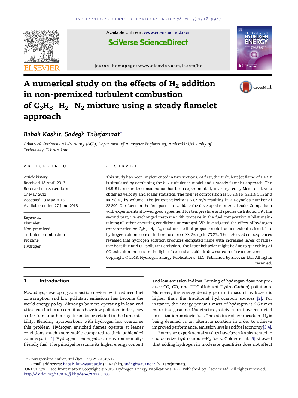 A numerical study on the effects of H2 addition in non-premixed turbulent combustion of C3H8-H2-N2 mixture using a steady flamelet approach