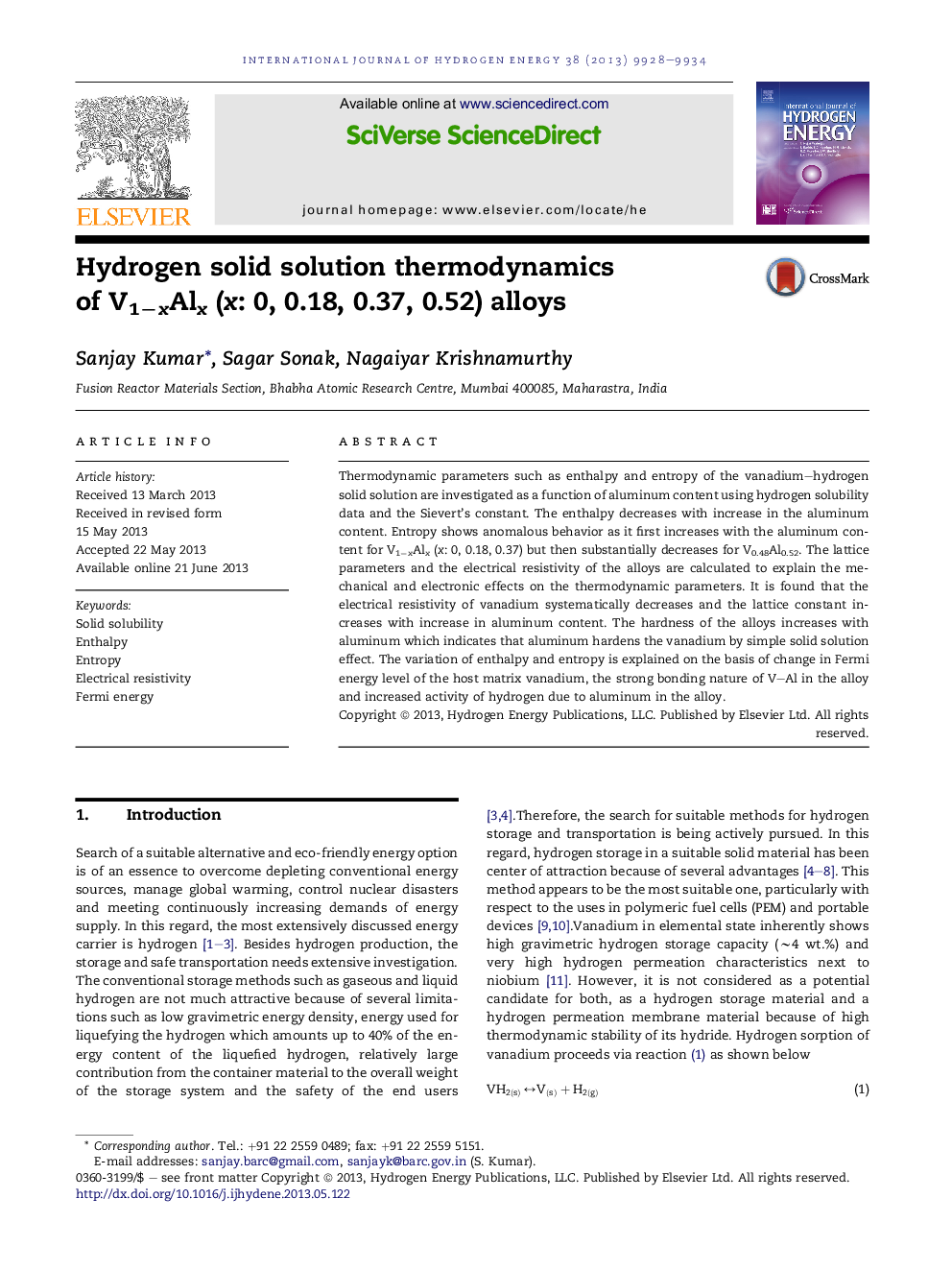 Hydrogen solid solution thermodynamics ofÂ V1âxAlx (x: 0, 0.18, 0.37, 0.52) alloys