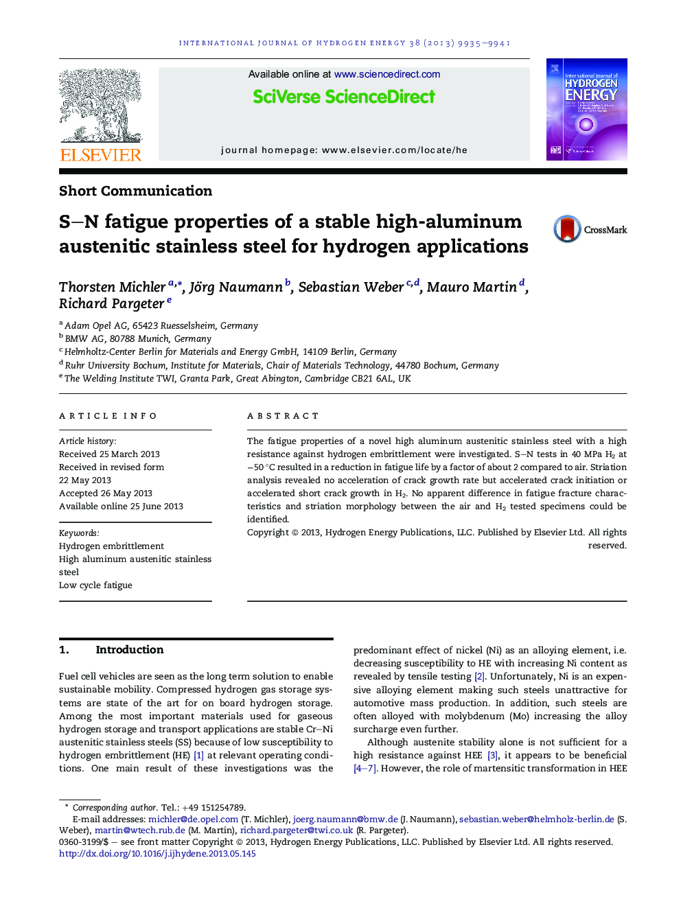 S-N fatigue properties of a stable high-aluminum austenitic stainless steel for hydrogen applications