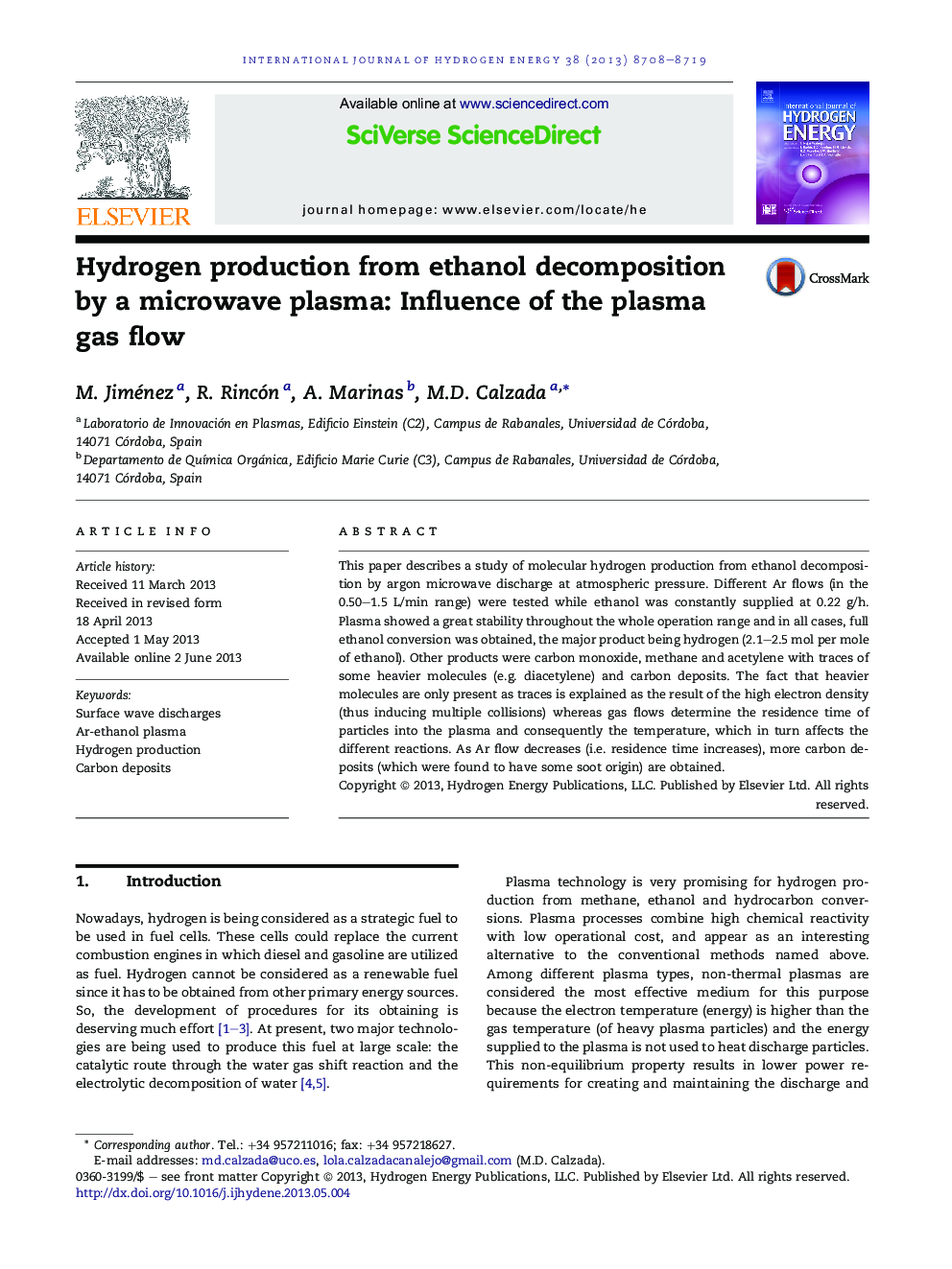 Hydrogen production from ethanol decomposition by aÂ microwave plasma: Influence of the plasma gas flow