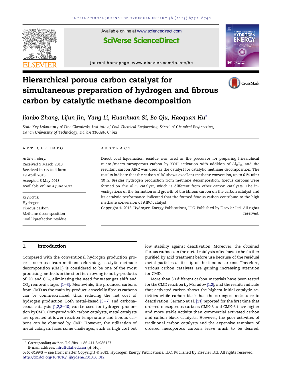 Hierarchical porous carbon catalyst for simultaneous preparation of hydrogen and fibrous carbon by catalytic methane decomposition