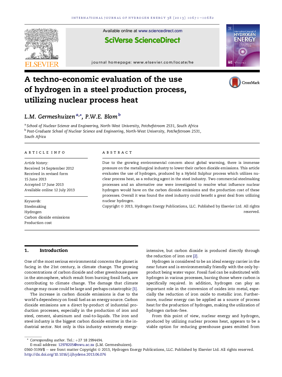 A techno-economic evaluation of the use ofÂ hydrogen in a steel production process, utilizingÂ nuclear process heat