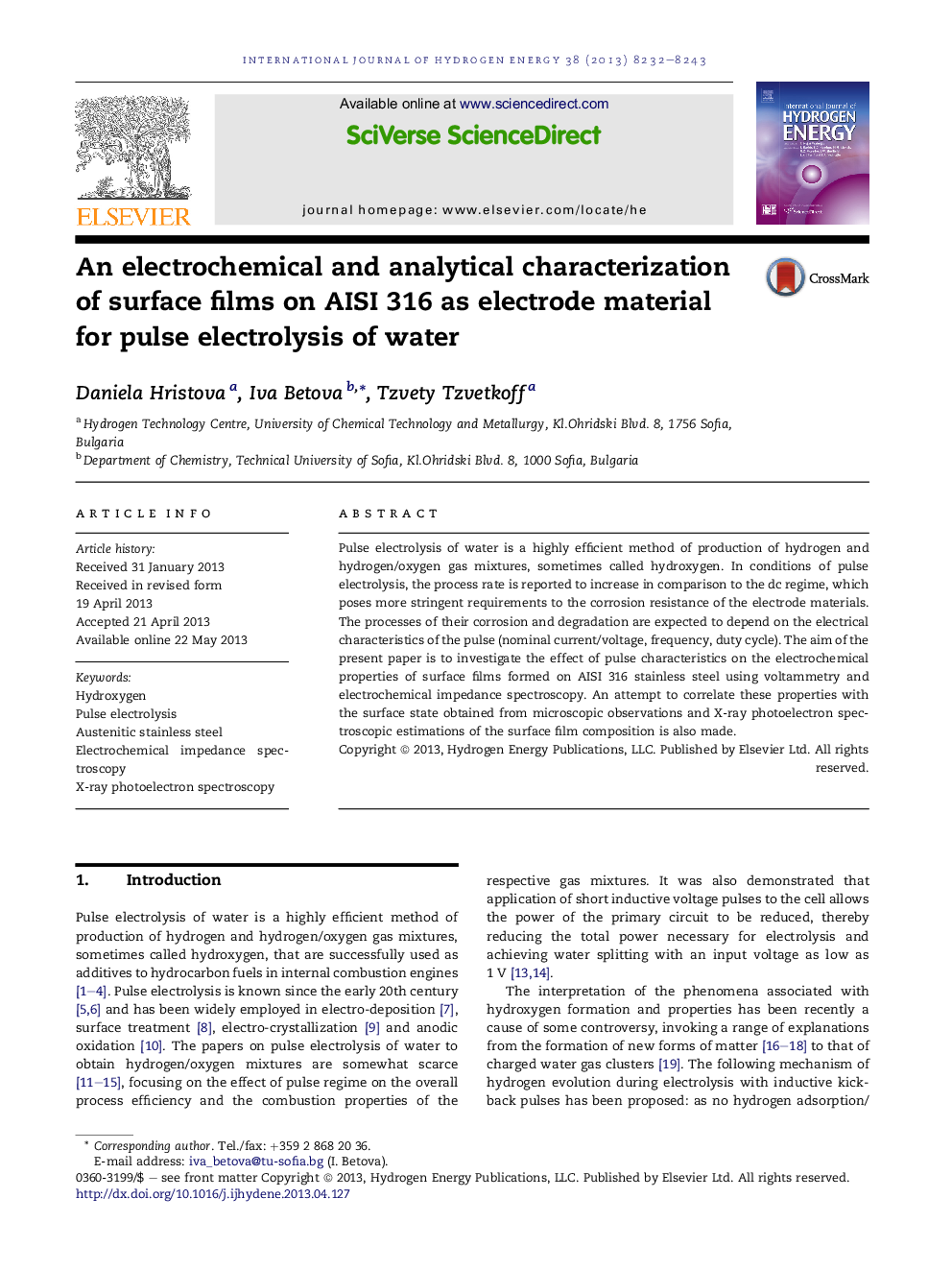 An electrochemical and analytical characterization of surface films on AISI 316 as electrode material for pulse electrolysis ofÂ water