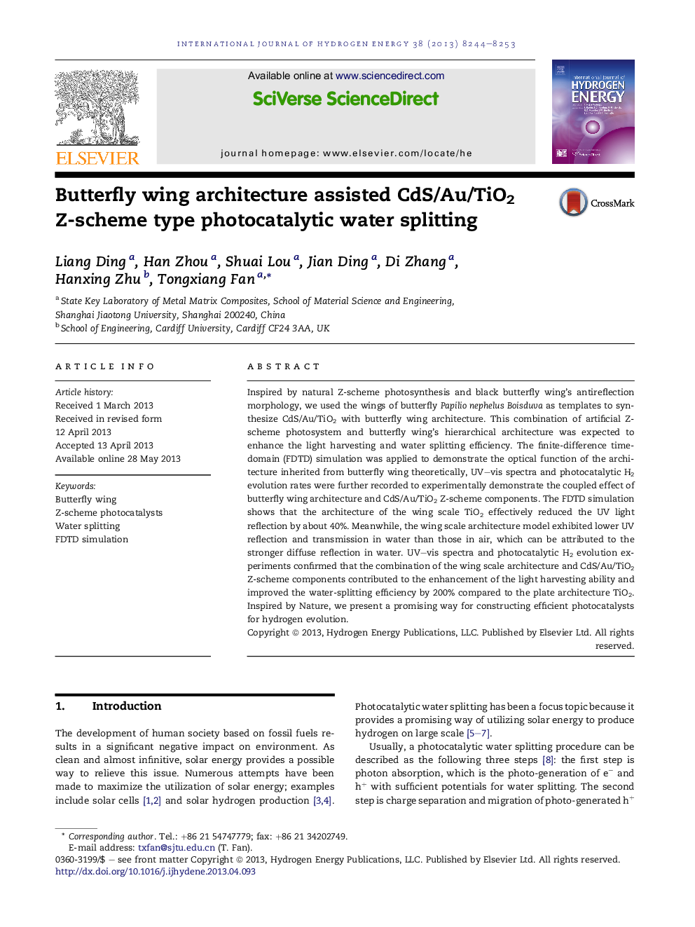 Butterfly wing architecture assisted CdS/Au/TiO2 Z-scheme type photocatalytic water splitting