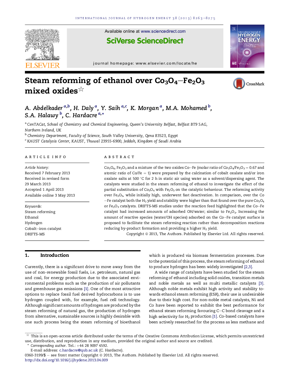 Steam reforming of ethanol over Co3O4-Fe2O3 mixed oxides