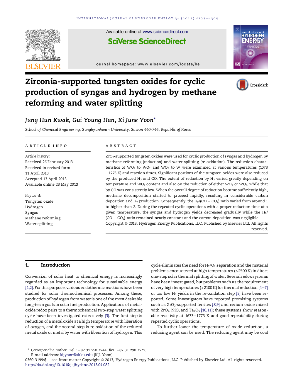 Zirconia-supported tungsten oxides for cyclic production of syngas and hydrogen by methane reforming and water splitting