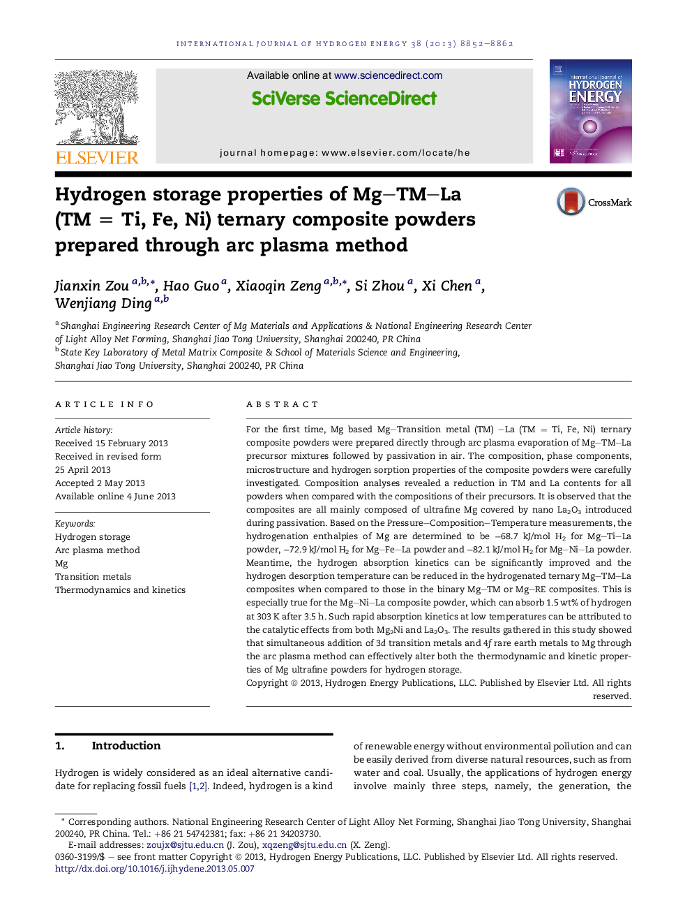 Hydrogen storage properties of Mg-TM-La (TMÂ =Â Ti, Fe, Ni) ternary composite powders prepared through arc plasma method