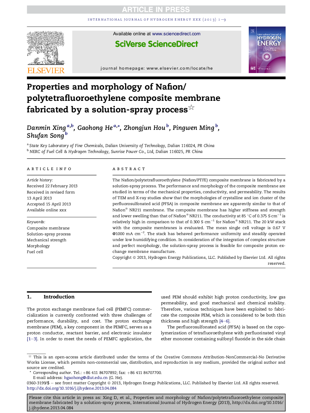 Properties and morphology of Nafion/polytetrafluoroethylene composite membrane fabricated by a solution-spray process