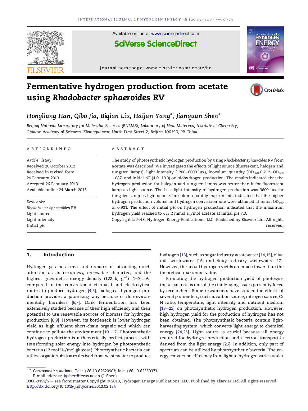 Fermentative hydrogen production from acetate using Rhodobacter sphaeroides RV