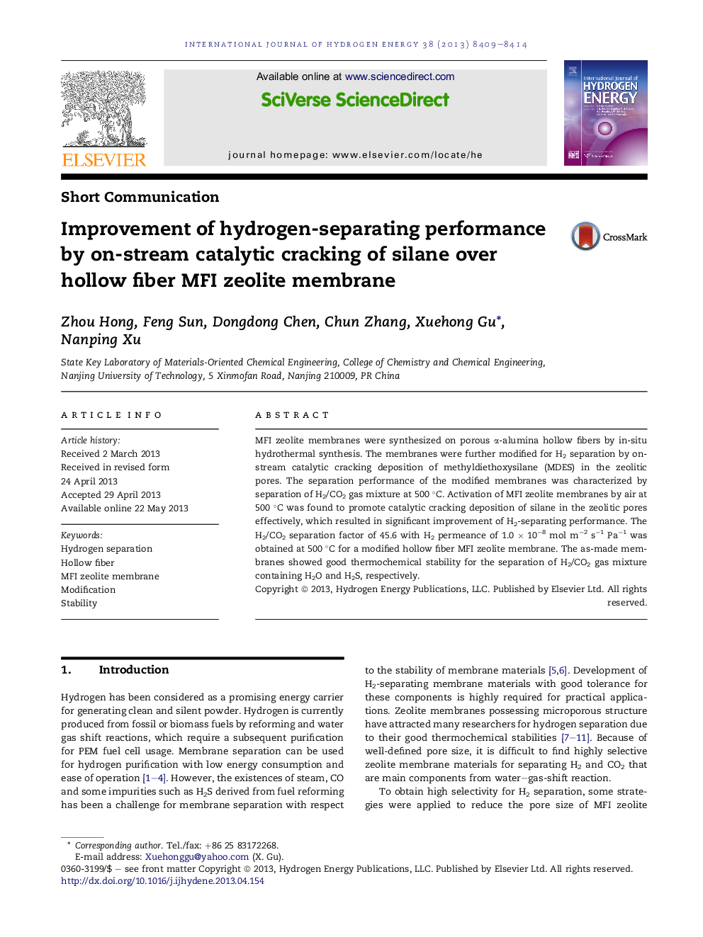 Improvement of hydrogen-separating performance by on-stream catalytic cracking of silane over hollow fiber MFIÂ zeolite membrane