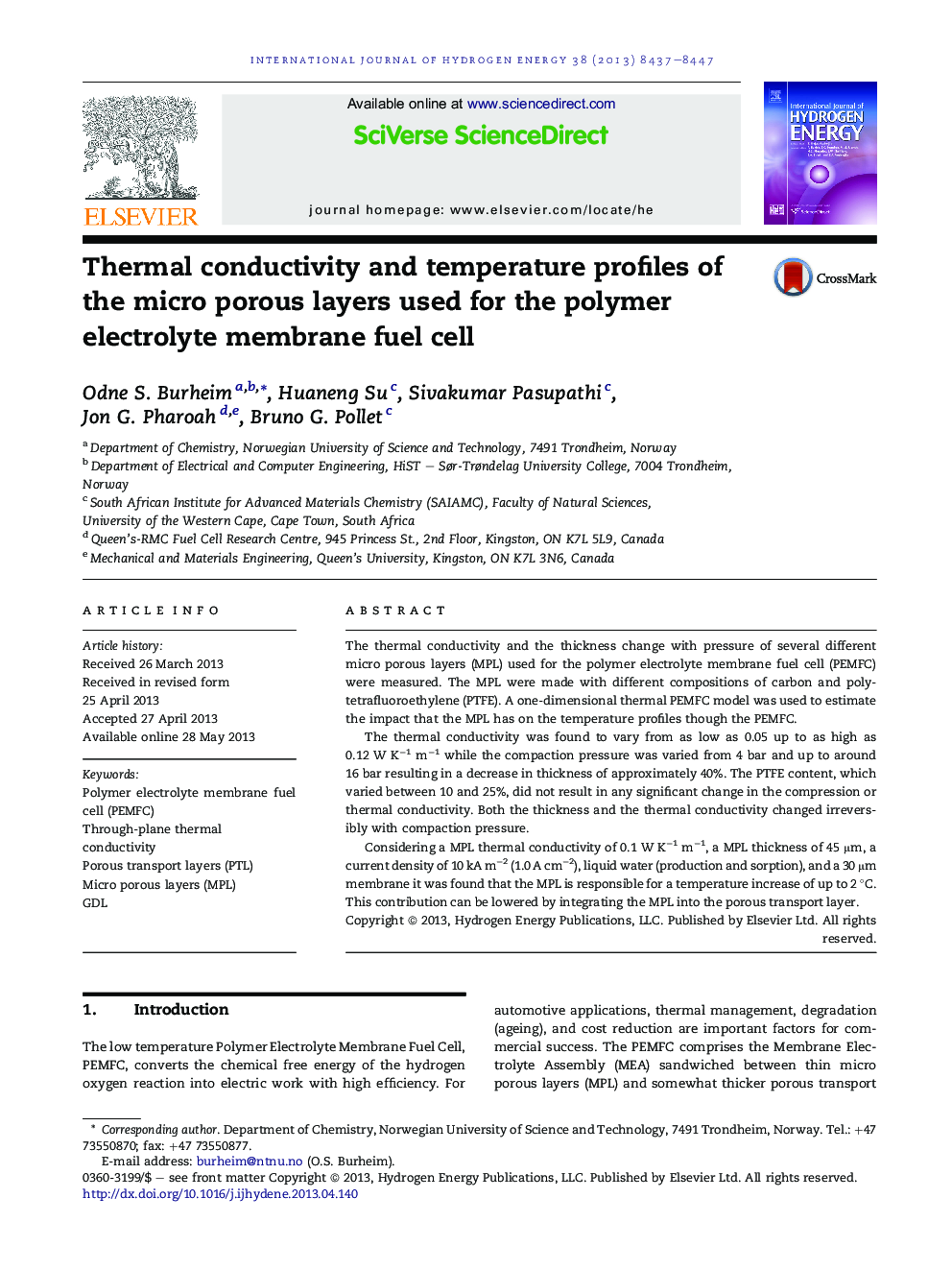 Thermal conductivity and temperature profiles of the micro porous layers used for the polymer electrolyte membrane fuel cell