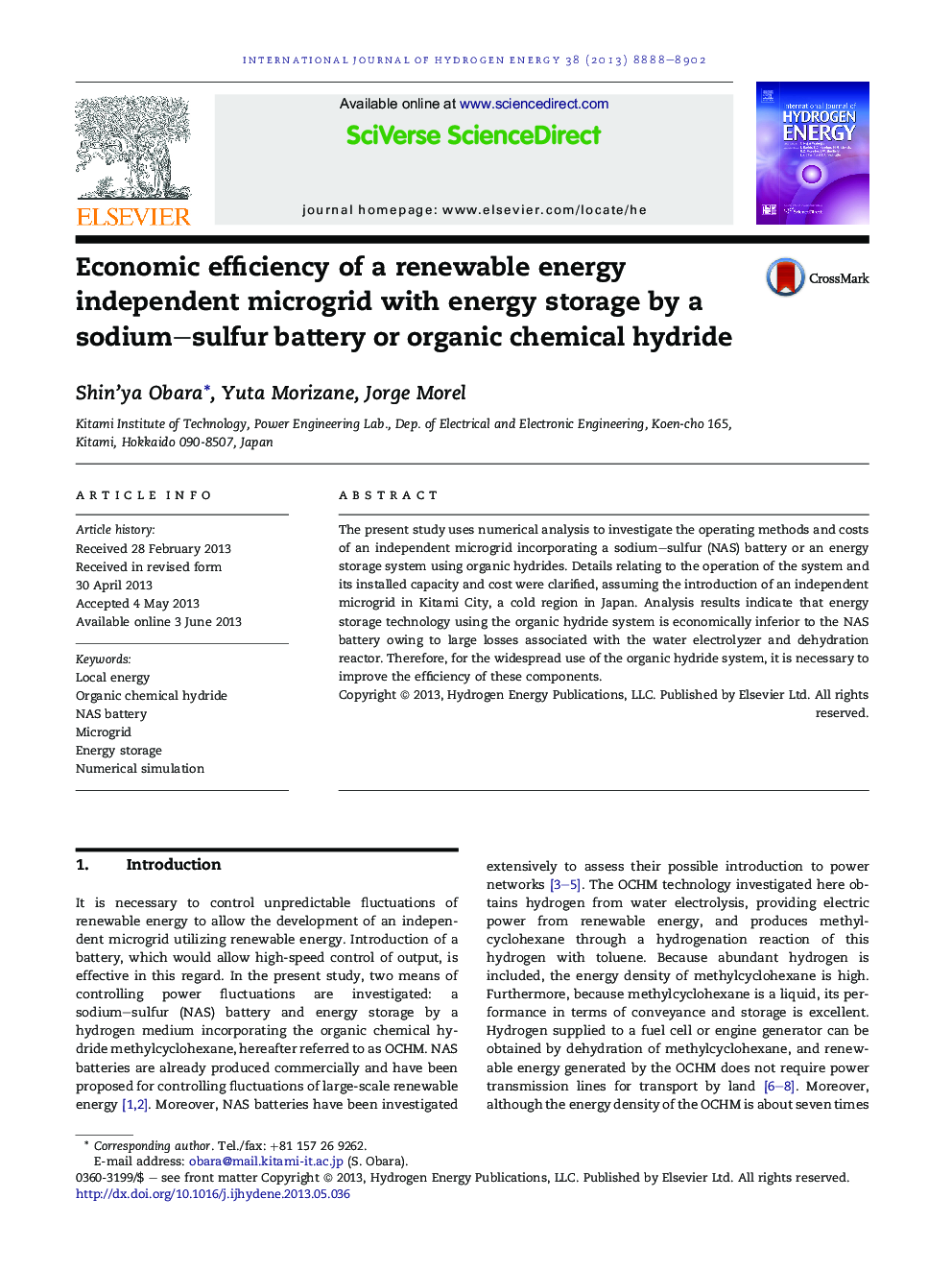 Economic efficiency of a renewable energy independent microgrid with energy storage by a sodium-sulfur battery or organic chemical hydride