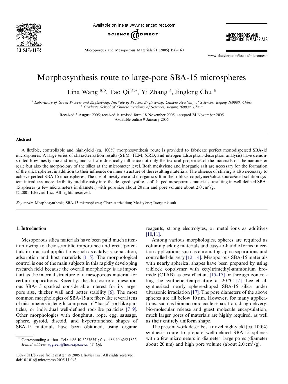 Morphosynthesis route to large-pore SBA-15 microspheres