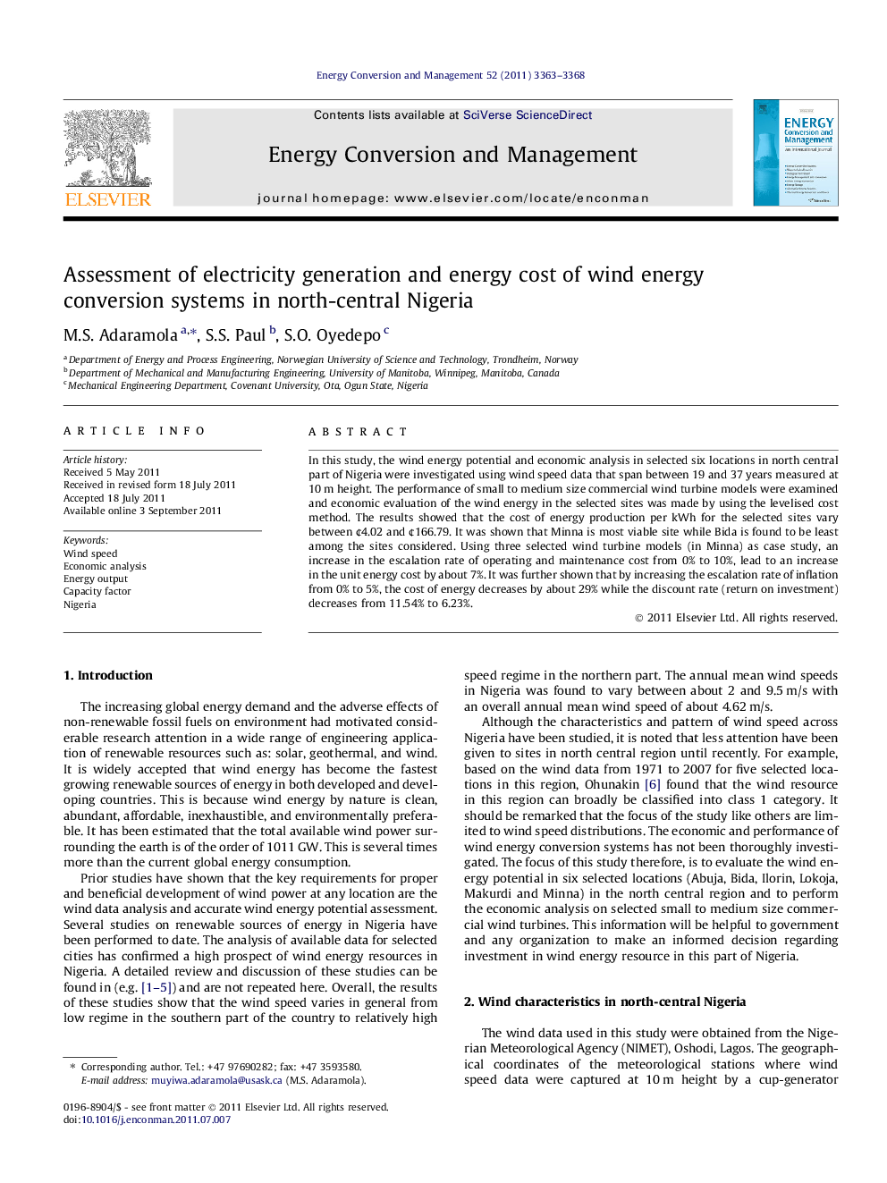 Assessment of electricity generation and energy cost of wind energy conversion systems in north-central Nigeria