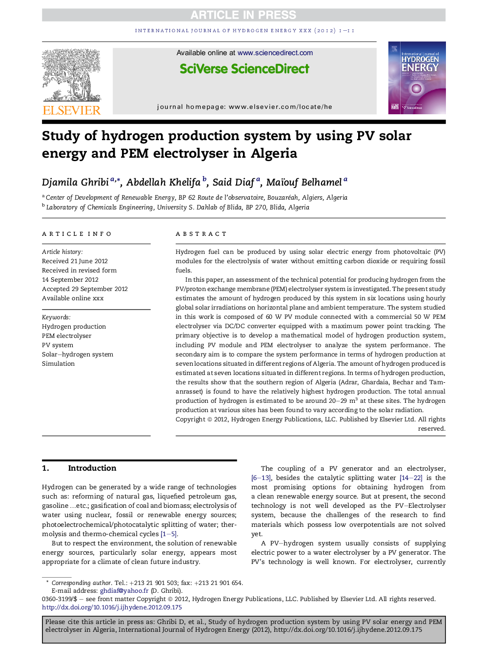 Study of hydrogen production system by using PV solar energy and PEM electrolyser in Algeria