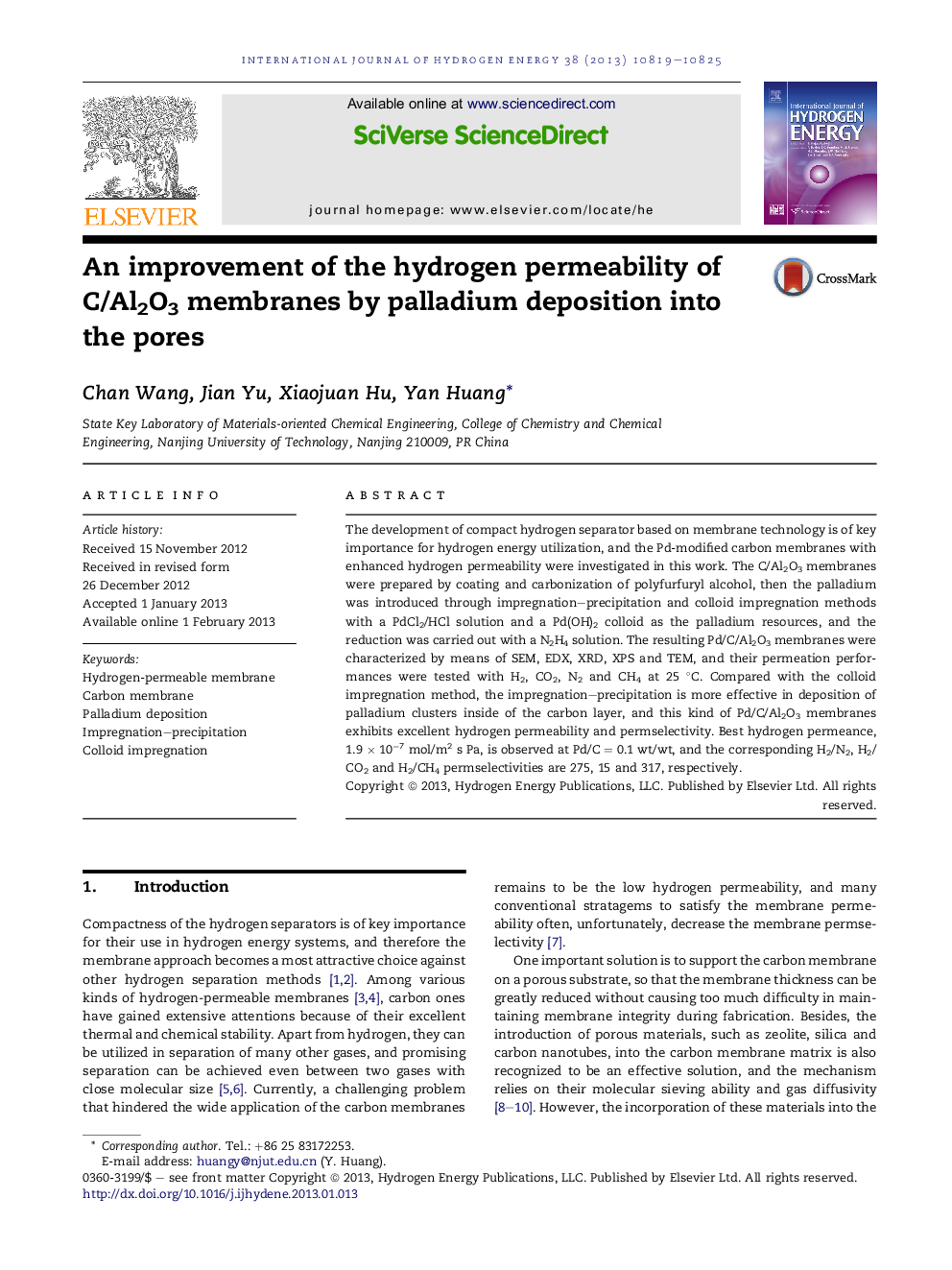 An improvement of the hydrogen permeability of C/Al2O3 membranes by palladium deposition into the pores