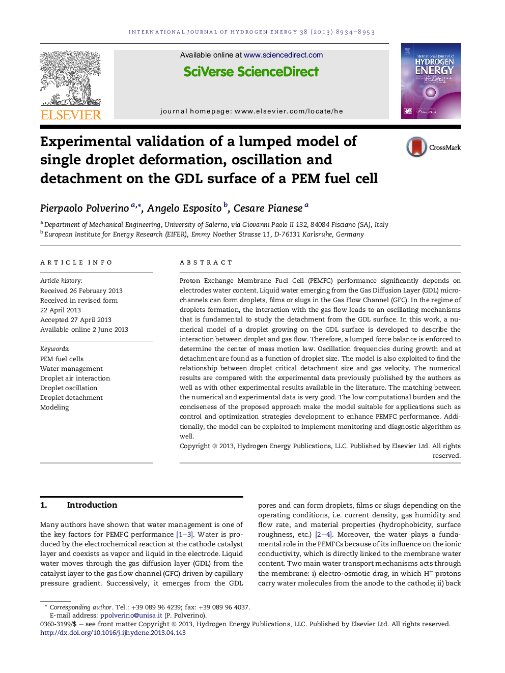 Experimental validation of a lumped model of single droplet deformation, oscillation and detachment on the GDL surface of a PEM fuel cell