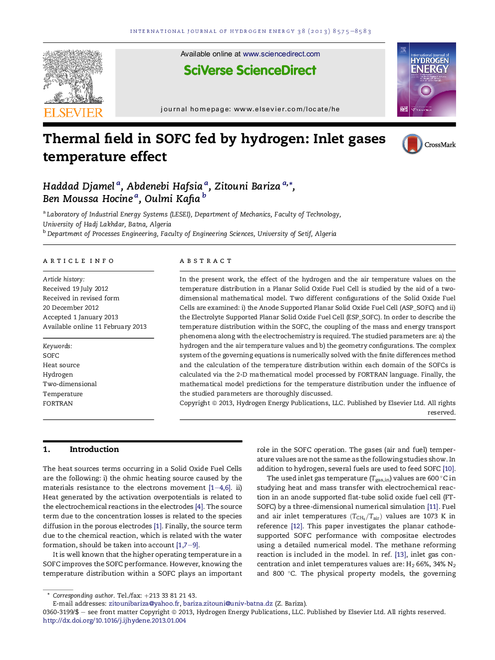 Thermal field in SOFC fed by hydrogen: Inlet gases temperature effect