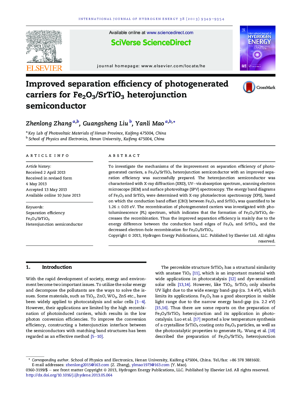 Improved separation efficiency of photogenerated carriers for Fe2O3/SrTiO3 heterojunction semiconductor