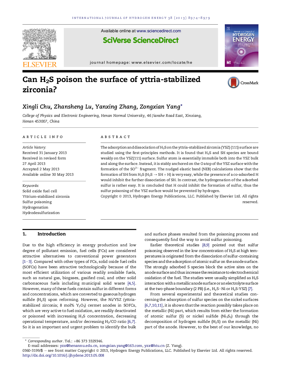 Can H2S poison the surface of yttria-stabilized zirconia?