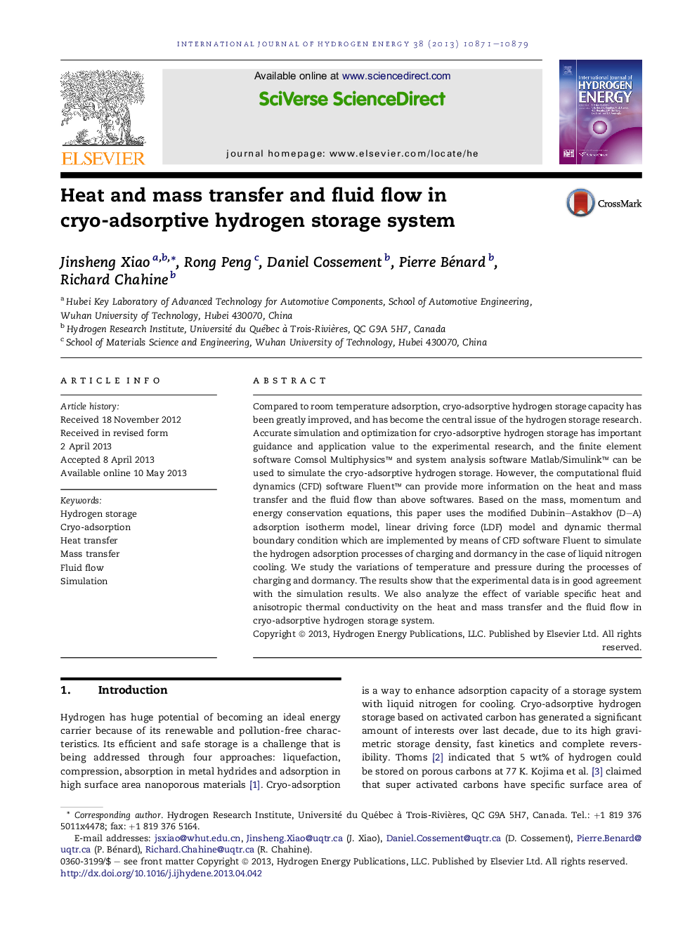 Heat and mass transfer and fluid flow in cryo-adsorptive hydrogen storage system