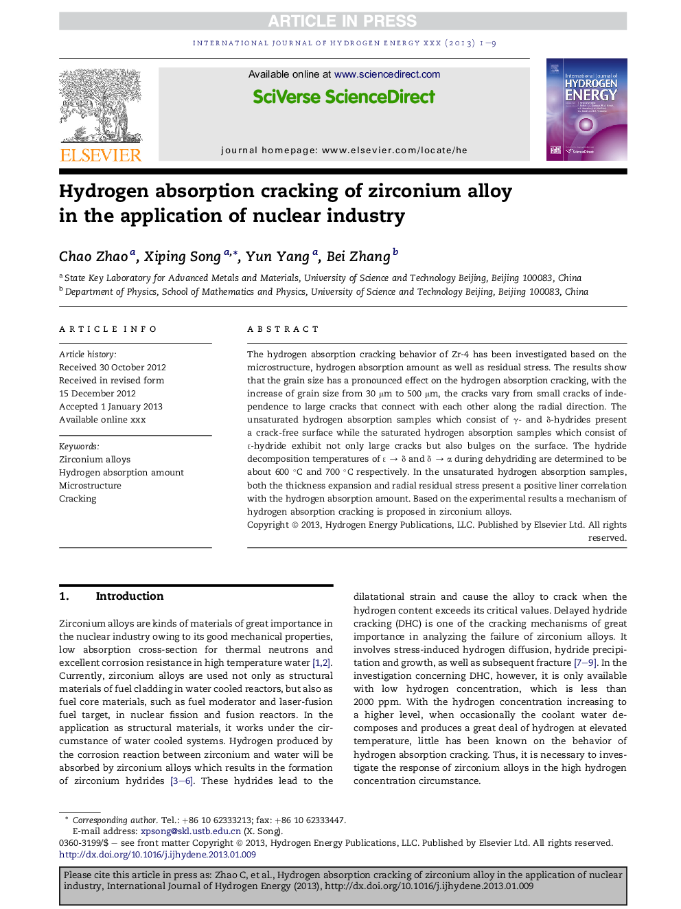 Hydrogen absorption cracking of zirconium alloy in the application of nuclear industry