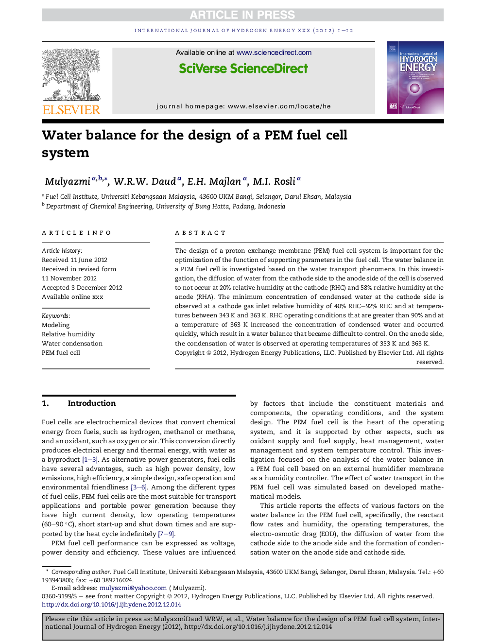 Water balance for the design of a PEM fuel cell system