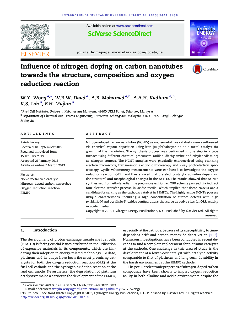 تاثیر دوپینگ نیتروژن بر نانولوله های کربن نسبت به واکنش ساختار، ترکیب و کاهش اکسیژن 