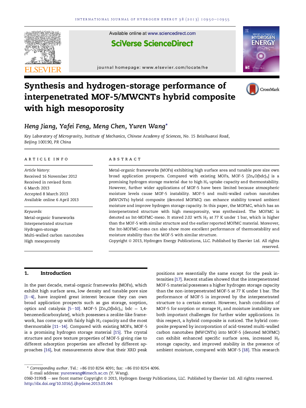 Synthesis and hydrogen-storage performance of interpenetrated MOF-5/MWCNTs hybrid composite with high mesoporosity